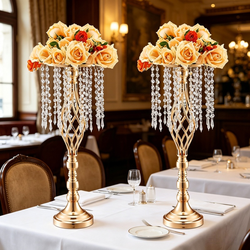 Florist Supply Vases - エレガントな背の高いゴールドクリスタルフラワーホルダー、豪華なツイストメタルの花瓶センターピース、ウェディングや家のテーブルデコレーション用の吊り下げビーズ付き