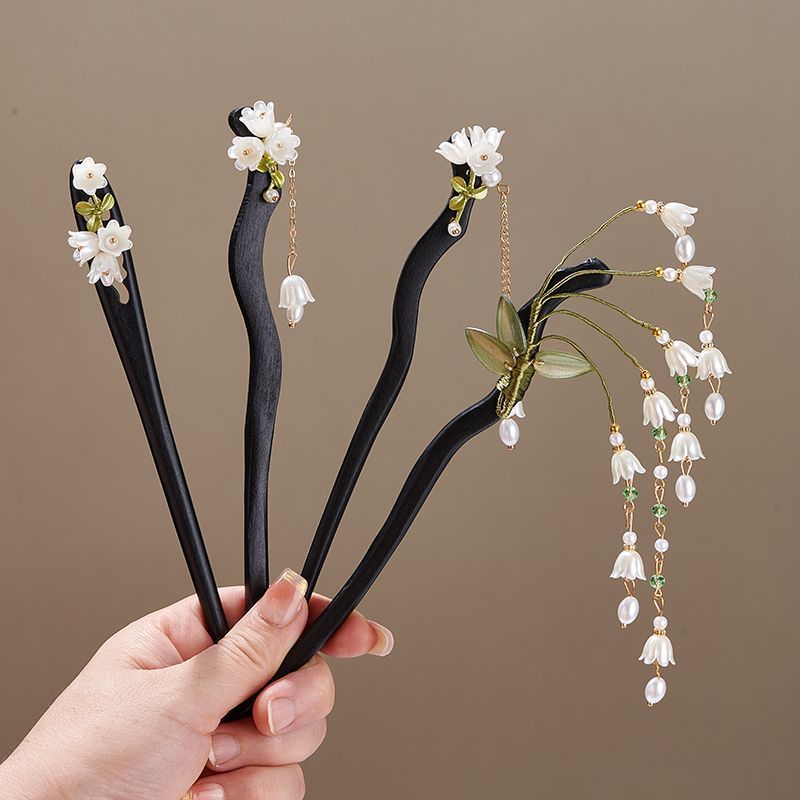 Supply Florist - 木製フラワーヘアピンヴィンテージ Convallaria Majalis ロングタッセルヘアスティック女性のためのエレガントな髪飾りピンジュエリーヘアアクセサリー