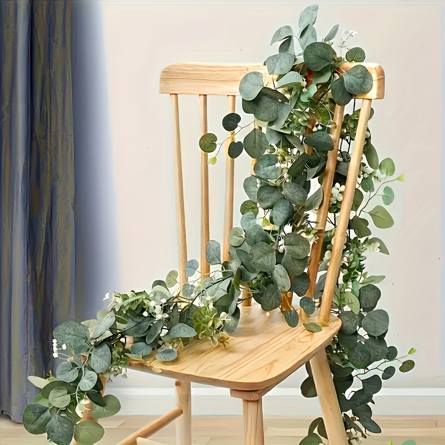 Eucalyptus Preserved - 人工ユーカリのリース、フェイクグリーンのつる、壁掛けガーランド、屋内外の家の装飾、季節、休日、結婚式、パーティー用