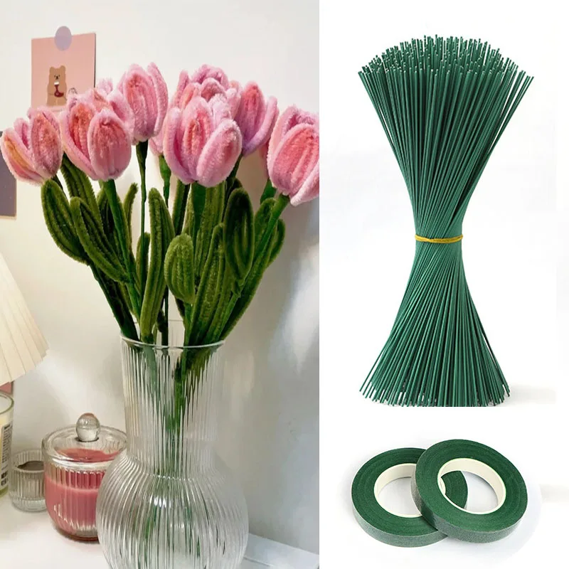 Florist Supply Bulk - 造花茎ワイヤーフラワーポールロッド diy シェニール茎スティックシミュレーション花材グリーン園芸テープ