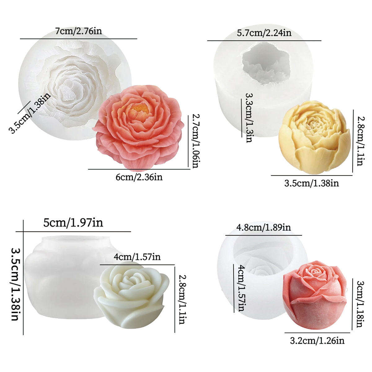 Florist Supply Bulk - 4個入り花型モールドセット - 牡丹、バラ、花のつぼみ、葉付きの重ね花 - キャンドル用ノンスティックシリコンクラフトモールド