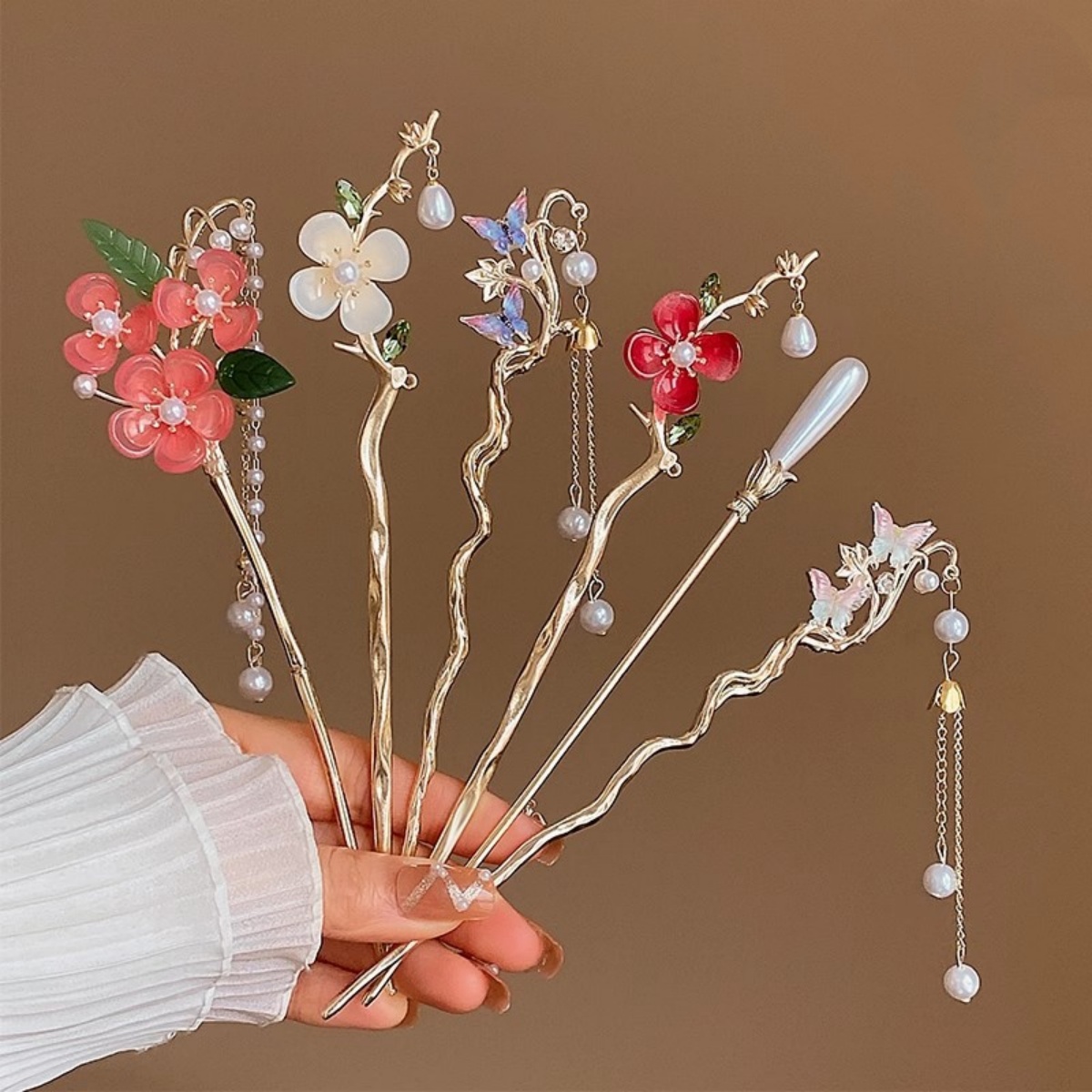 Supply Florist - 2025 新しい花のヘアピン女性のためのエレガントな花蝶パールタッセルヘアスティックトレンディなジュエリーヘアアクセサリーヘアクリップ