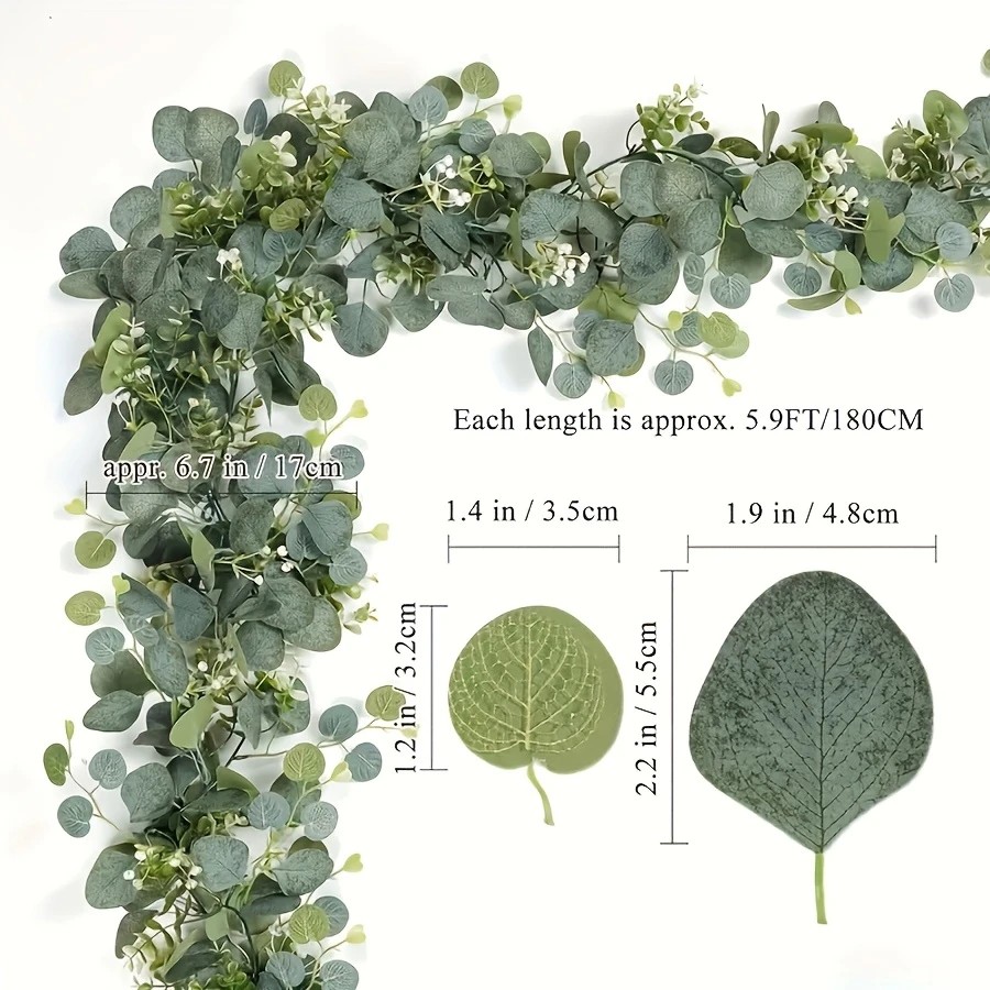 1個入り 人工ユーカリの葉を使った緑のガーランド。白い花と実 - Eucalyptus Preserved のレビューと価格