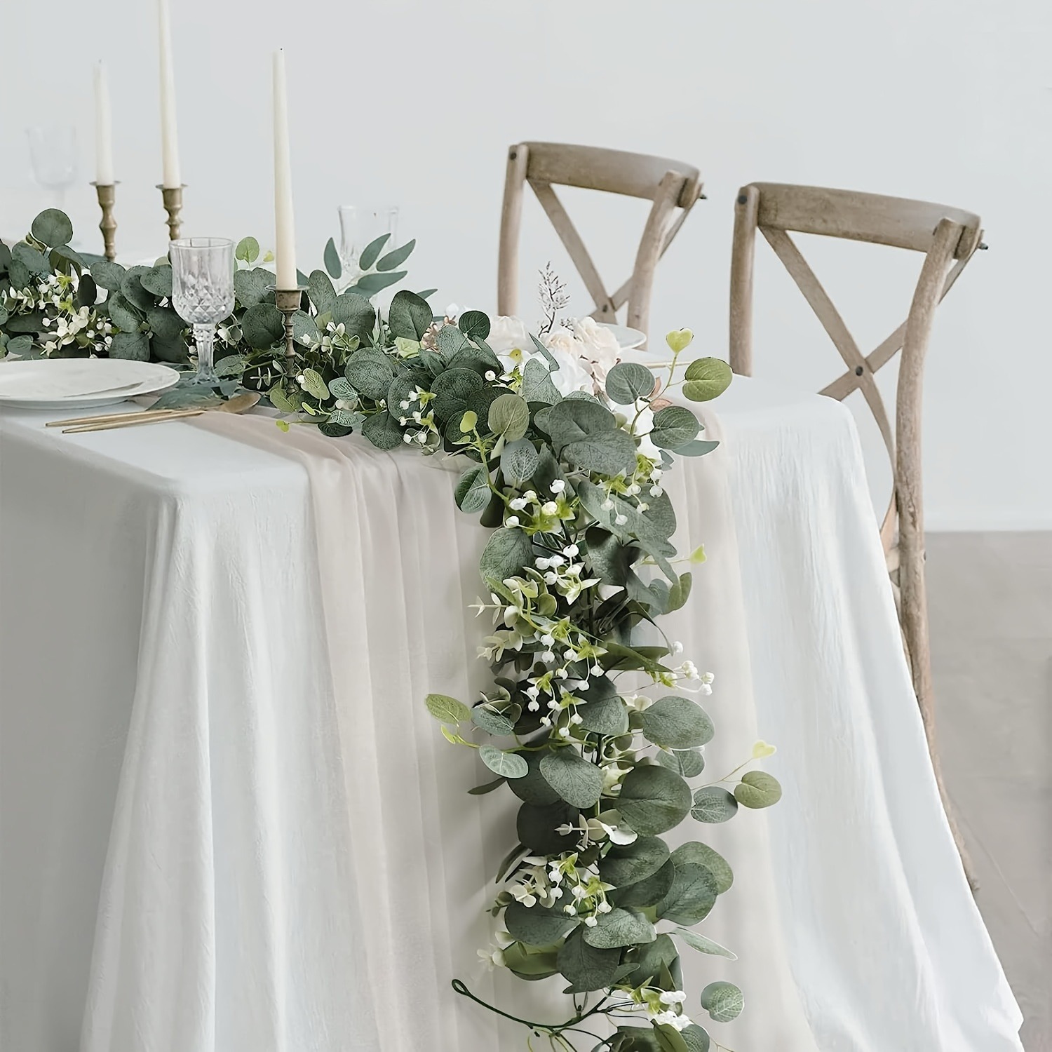 1pc 人工ユーカリの葉緑ガーランド偽植物つる白い花ベリー家 - Eucalyptus Preserved のレビューと価格