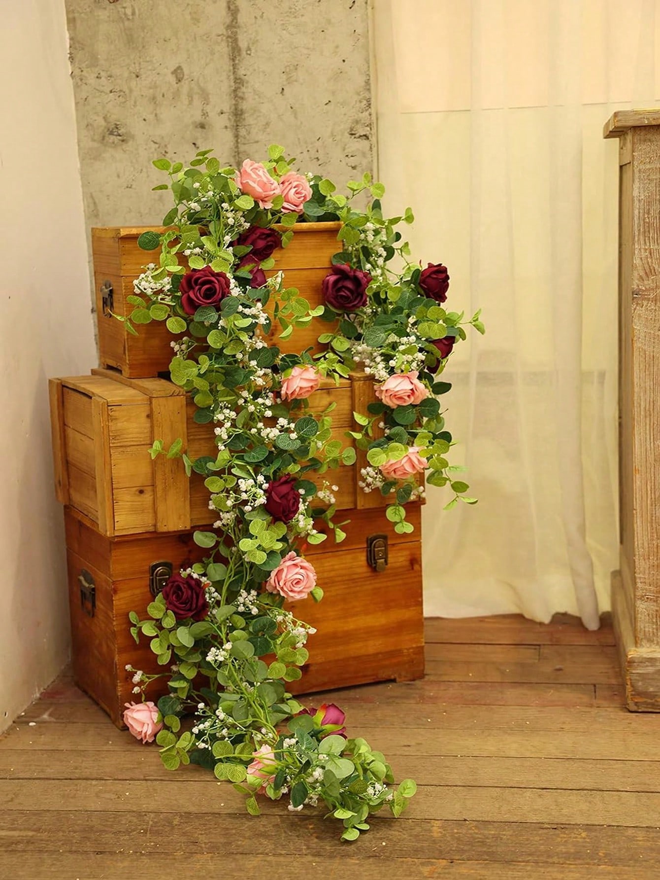 1pc 5.9FT 人工ユーカリつる偽のバラの花カスミソウ花 - Eucalyptus Preserved のレビューと価格