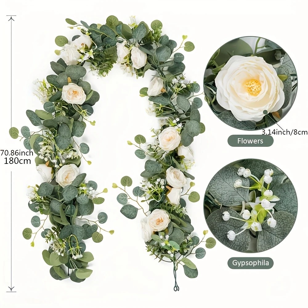 70インチのユーカリとバラのガーランド - 家庭用装飾、結婚 - Eucalyptus Preserved のレビューと価格