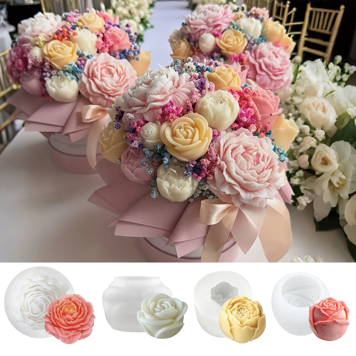 4個入り花型モールドセット - 牡丹、バラ、花のつぼみ、葉付 - Florist Supply Bulk のレビューと価格
